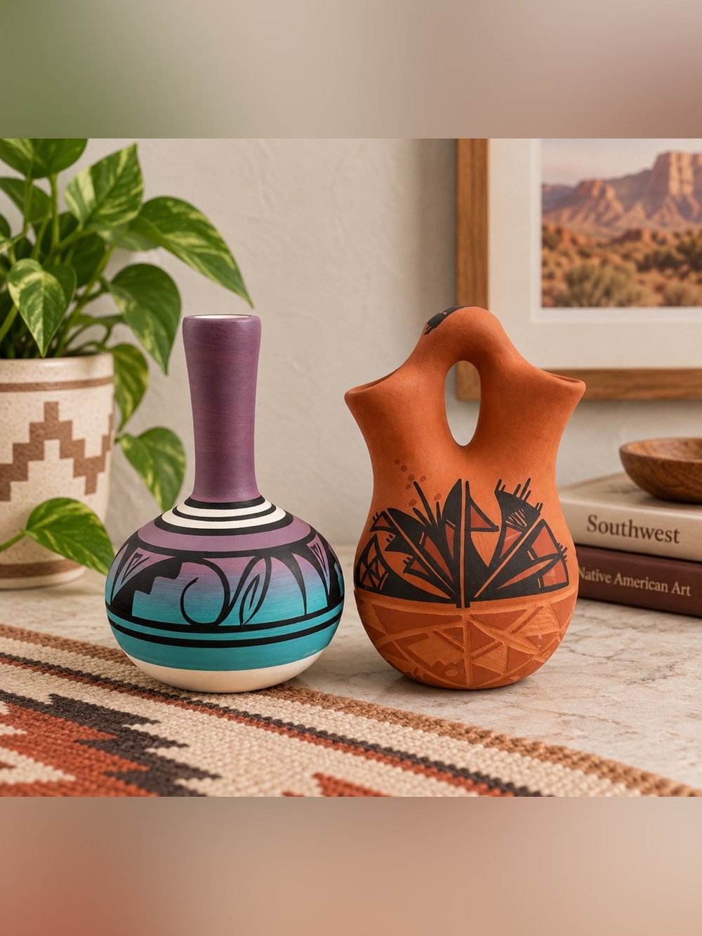 Southwestern Pottery Vase Bundle 2 Pc Acoma NM Style Terracotta Purple Turquoise